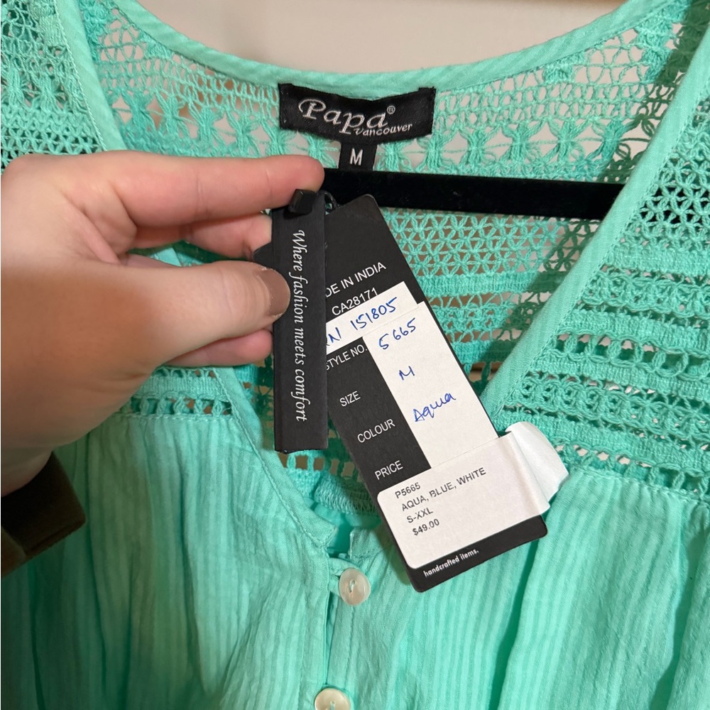 NWT Papa Vancouver Aqua Crochet Ruffle Button Seafoam Midi Dress - Picture 2 of 4